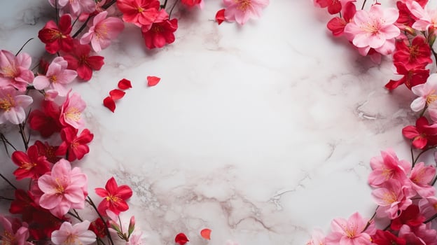 AI generated, red and pink flowers in a circle on a white marble surface, in the style of marble, minimalist backgrounds. photo