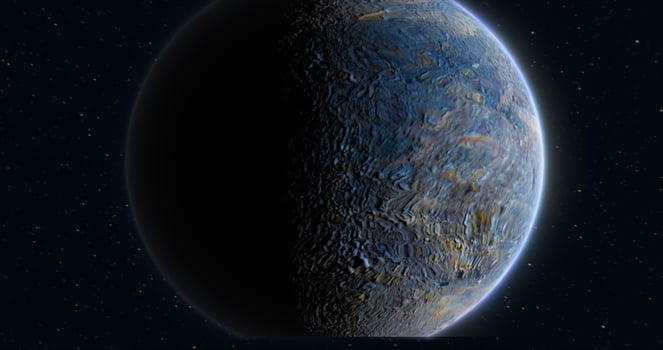 Abstract realistic space spinning planet round sphere with a water surface in space against the background of stars photo