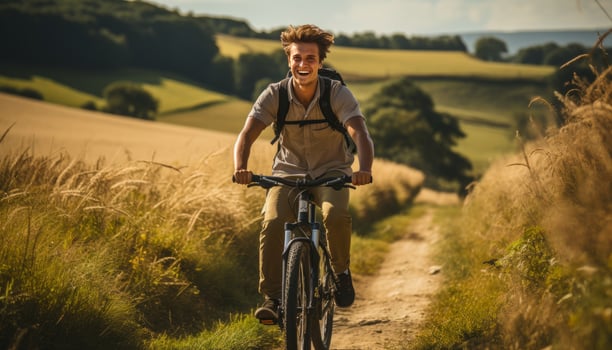 young adult riding an electric bike in field side generative AI photo