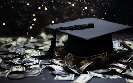 Black graduation hat on a dollars background, Generative Ai photo