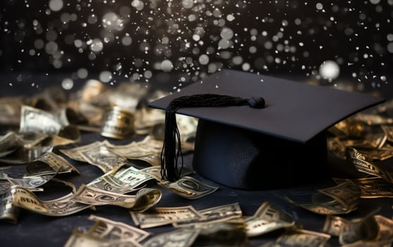 Black graduation hat on a dollars background, Generative Ai photo