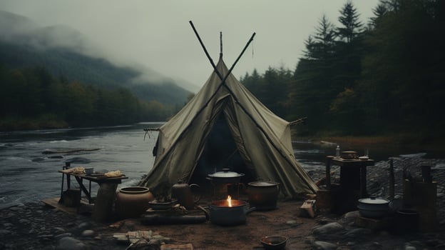 Generative AI, Camping outdoor concept in neutral muted colors, tourist camp photo