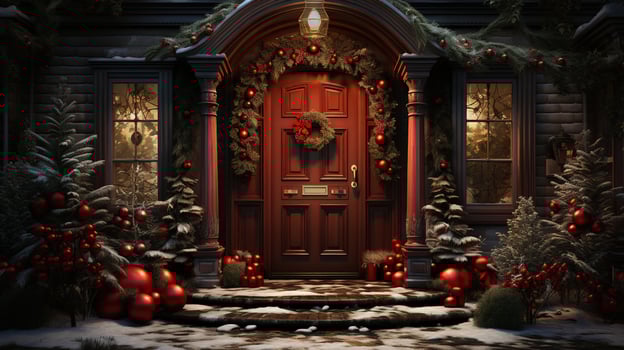Generative AI, Front door with Christmas decoration, wreath and garland. Red and grey colors photo