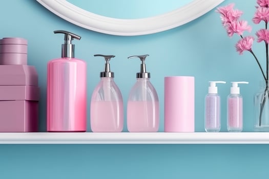 A pastel bathroom shelf with pink skincare products, copy space, banner, pink and pastel blue bright palette, barbiecore. AI Generative photo