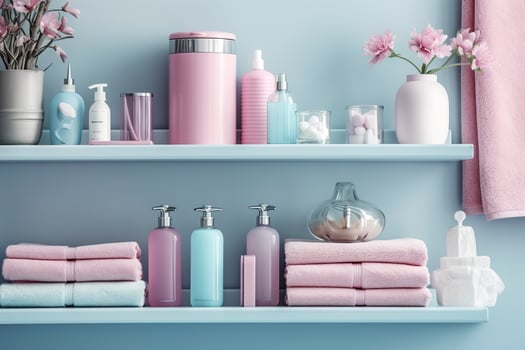 A pastel bathroom shelf with pink skincare products, copy space, banner, pink and pastel blue bright palette, barbiecore. AI Generative photo