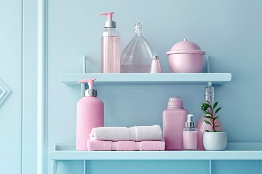 A pastel bathroom shelf with pink skincare products, copy space, banner, pink and pastel blue bright palette, barbiecore. AI Generative photo