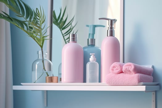 A pastel bathroom shelf with pink skincare products, copy space, banner, pink and pastel blue bright palette, barbiecore. AI Generative photo