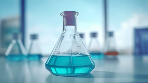 A Science Beaker in the laboratory on a table white and light blue background.. laboratory equipment out of focus. AI Generative photo