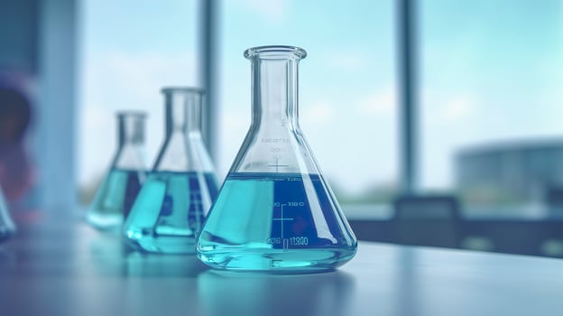 A Science Beaker in the laboratory on a table white and light blue background.. laboratory equipment out of focus. AI Generative photo