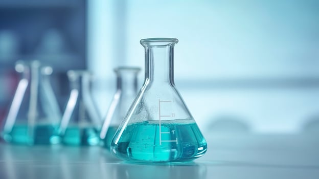 A Science Beaker in the laboratory on a table white and light blue background.. laboratory equipment out of focus. AI Generative photo
