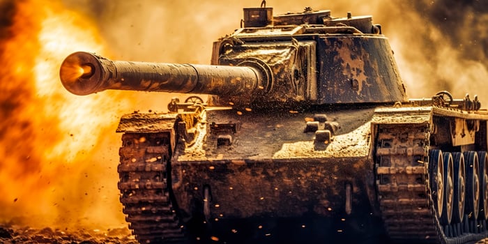 A Close Up Look at the Power and Destruction of a World War II Tank Firing Shell. AI Generative photo