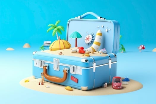 Creative Summer Beach Composition in Suitcase on Blue Background, A Travel Concept Idea in 3D Rendering. AI Generative photo
