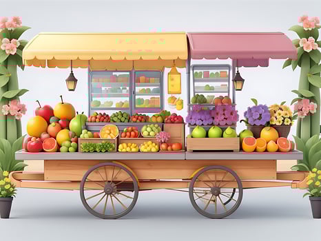 Street side scene with flower cart and fruit cart scene vector catton illustration, ai generated photo