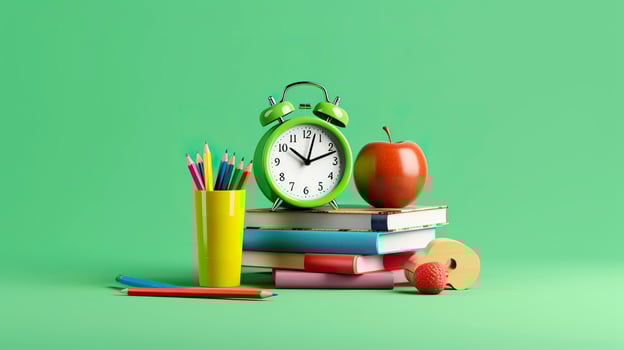 Pop art illustration of School accessories with apples, books, and an alarm clock on the School background. Back to school concept. 3D Rendering, AI Generative photo