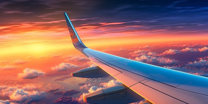 Airplane plane wing at sunset time through clouds, AI Generative photo