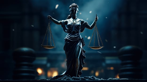 Lady of justice statue blindfolded guardian isolated on dark blue background with a place for text photo