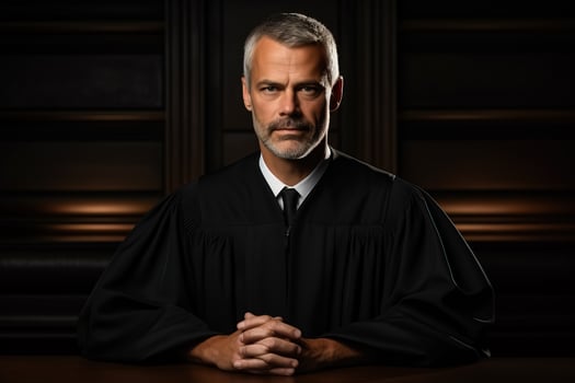 Male judge on dark background with a place for text photo