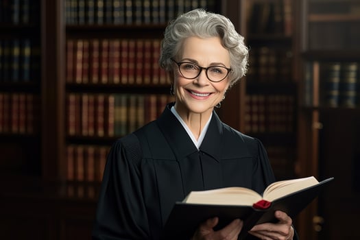 Portrait of a senior female judge with book in courtroom photo