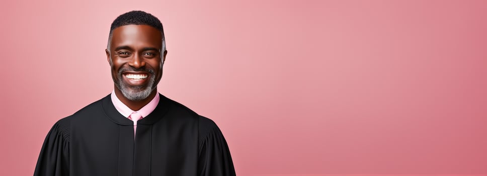 Successful black male judge smiling at the camera isolated on pastel background photo