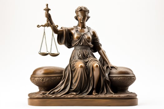 View of judge in judicial robe holding gavel and Themis figurine isolated on white photo