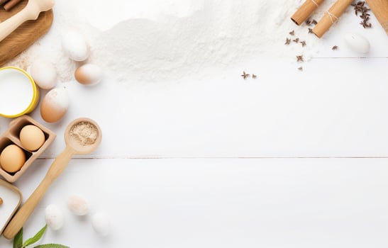 Baking background. Cooking ingredients for dough, eggs, flour, sugar, butter, rolling pin on white style kitchen photo