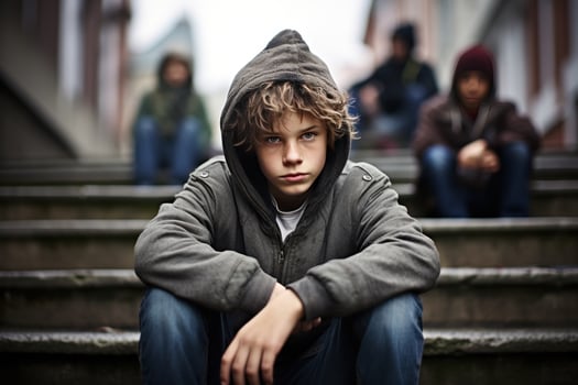 A young boy sits on the stairs next to other young children photo