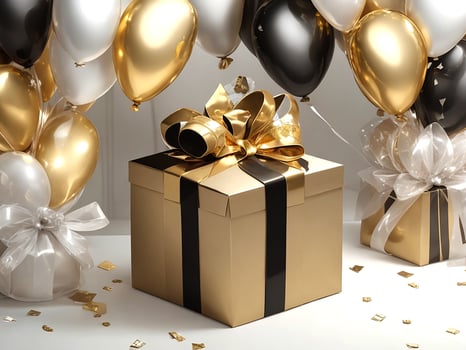 Birthday Golden And Silver Balloons Gift Boxes . Generative AI photo