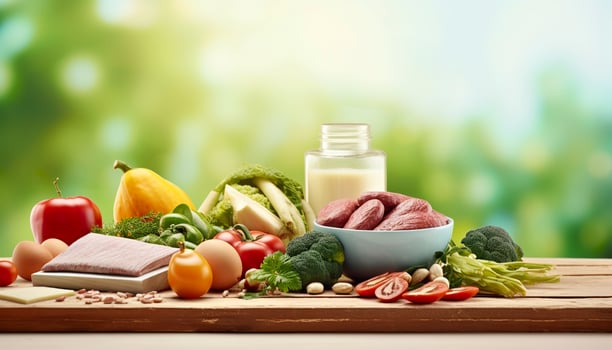 Closeup of vegetables, fruits, and meat on wooden table over green natural background. Generative AI photo