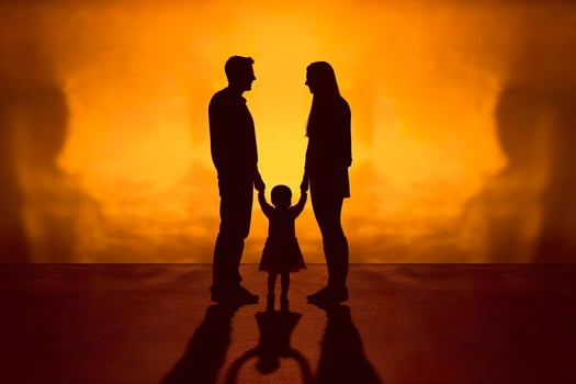 Shadow of Happy family together, parents with their little baby at sunset. A Silhouette of Love and Unity. AI Generative photo