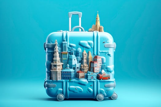 Blue suitcase full of landmarks and travel accessories on blue background. Generative AI photo