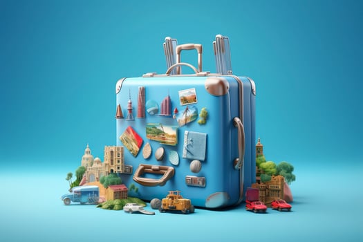 Blue suitcase full of landmarks and travel accessories on blue background. Generative AI photo