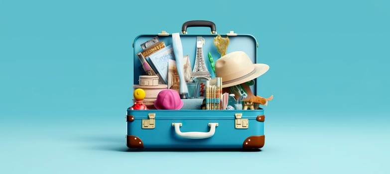 Blue suitcase full of landmarks and travel accessories on blue background. Generative AI photo