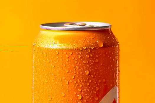 Can of fresh soda with water drops on orange background, closeup. Generative AI photo