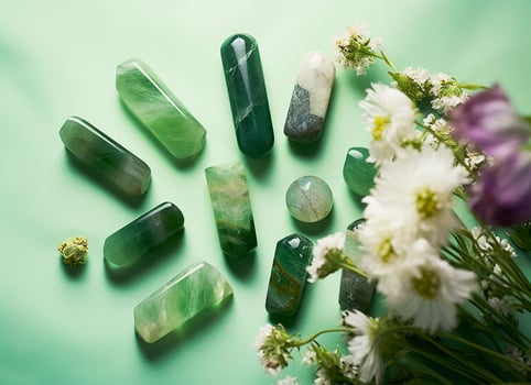 Crystal towers minerals set and white flowers on green abstract background. Generative AI photo