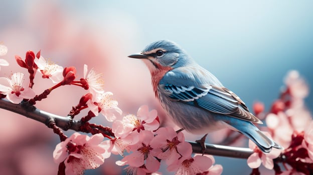 Birds sitting in a tree filled with cherry blossom flowers. Generative AI photo