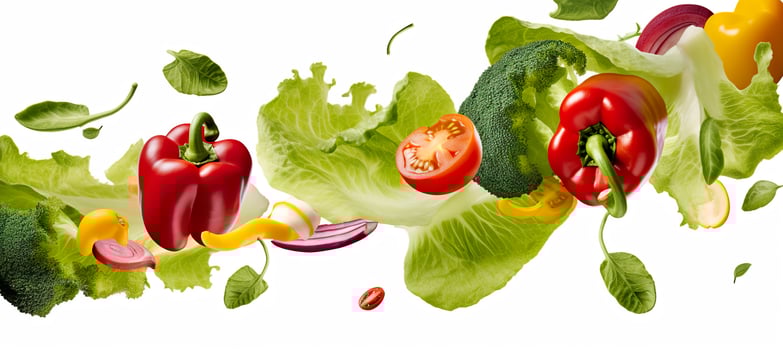 Falling vegetables, salad of bell pepper, tomato, and lettuce leaves. Generative AI photo