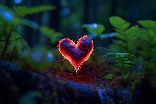 Glowing bioluminescent plant shaped like a human heart, in a mysterious forest. Generative AI photo