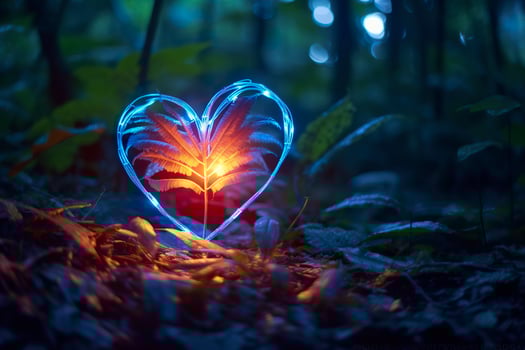 Glowing bioluminescent plant shaped like a human heart, in a mysterious forest. Generative AI photo