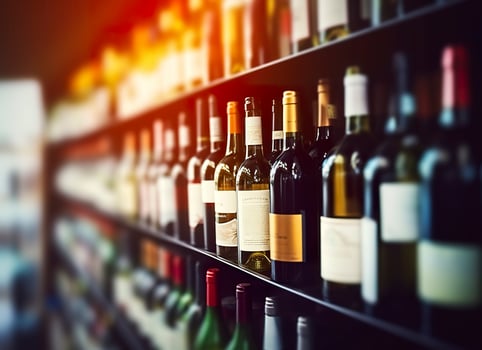 Abstract blur wine bottles on liquor alcohol shelves in supermarket store background. Generative AI photo