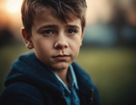 Portrait of a sad boy. AI generation photo