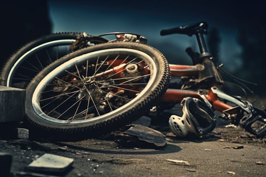 Broken bicycle on the road. Bicycle accident on the road. Bicycle crash road accident with broken bike and helmet, AI Generated photo