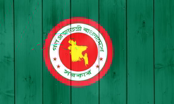 Flag and coat of arms of People's Republic of Bangladesh on a textured background. Concept collage. photo