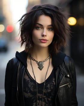 a beautiful young woman in a black top and leather jacket generative ai photo