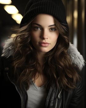 a beautiful young woman with long hair and a beanie generative ai photo