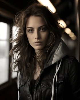a woman in a black jacket generative ai photo