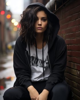 a woman wearing a hoodie sitting on a brick wall generative ai photo