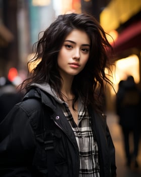 an asian woman in a black jacket and plaid shirt on a city street generative ai photo
