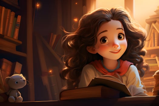Cute girl reading literature on library AI Generative photo