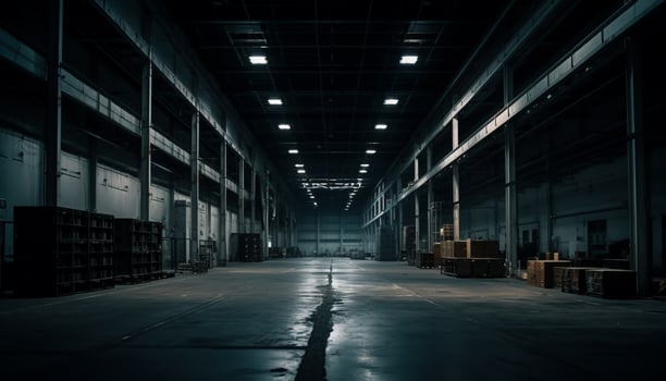Dark warehouse, empty and spooky, illuminated by bright futuristic lighting equipment generated by AI photo
