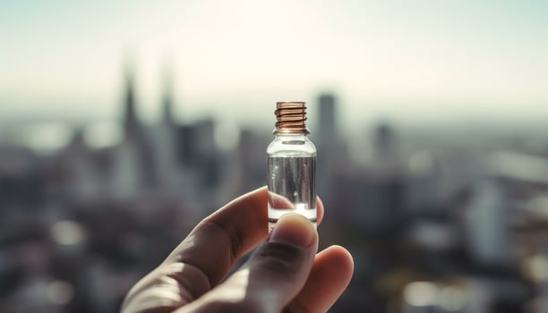 Hand holding glass bottle of medicine in nature, promoting healthy lifestyle generated by AI photo